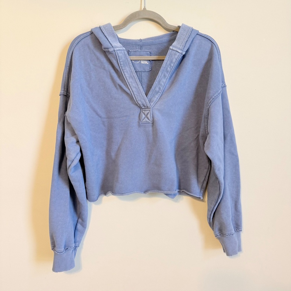 Aerie Womens Cropped V-Neck Hoodie Periwinkle Blue Raw Hem French Terry Size M